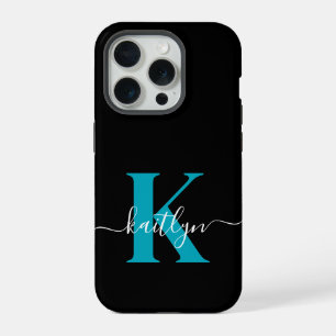 Modern Black Teal Script Monogram iPhone 15 Pro Case