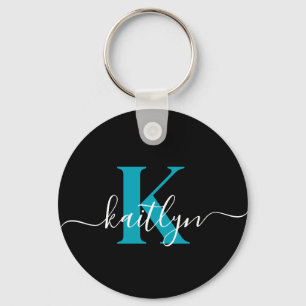 Modern Black Teal Script Monogram Keychain