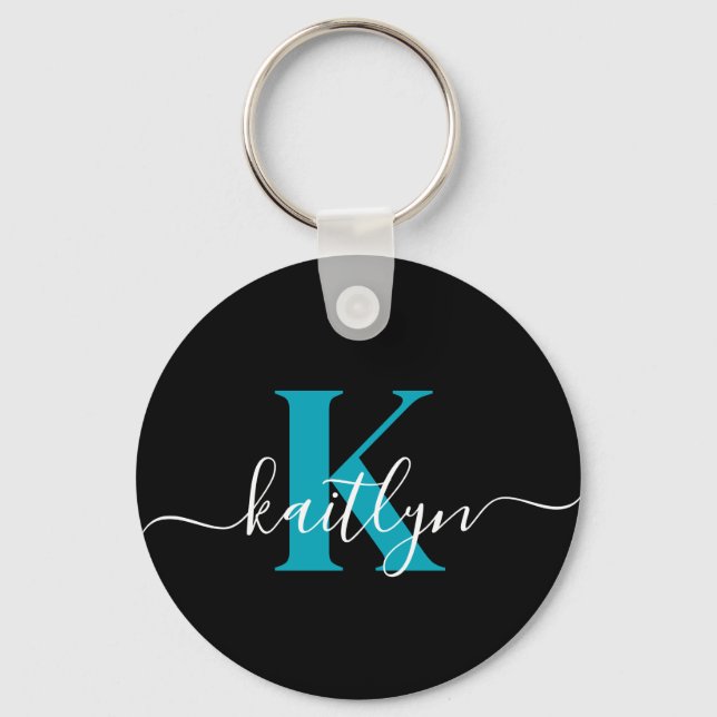 Modern Black Teal Script Monogram Keychain (Front)