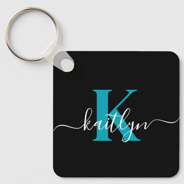 Modern Black Teal Script Monogram Keychain (Front)