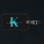 Modern Black Teal Script Monogram Luggage Tag<br><div class="desc">This simple, elegant black luggage tag with your first name in a trendy script font in white typed over your first initial in a modern cap font in teal on one side and a slide in card for your name, address and phone number on the other would look fabulous on...</div>