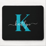 Modern Black Teal Script Monogram Mouse Pad<br><div class="desc">This simple, elegant black mousepad with your first name in a trendy script font in white typed over your first initial in a modern cap font in teal is perfect for your office/desk. It's stylish and trendy and yet very classic.</div>