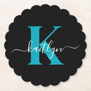 Modern Black Teal Script Monogram Paper Coaster