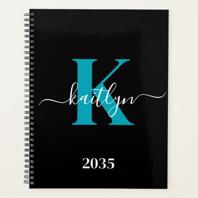 Modern Black Teal Script Monogram Planner (Front)