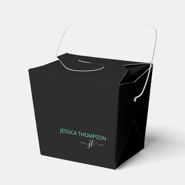 Modern Black Teal Simple Script Monogram Name Favor Box (Front Side)