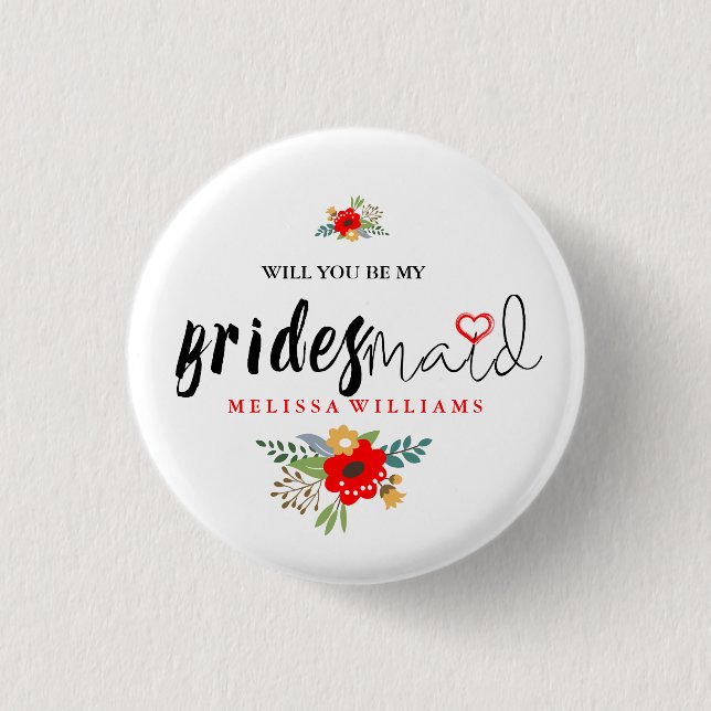 Modern Black Text Design Bridesmaid Red Heart 1 Inch Round Button (Front)