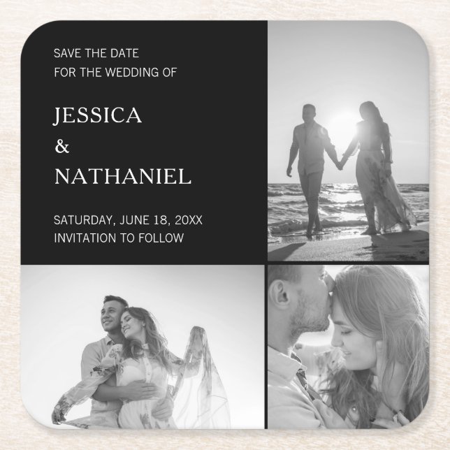 Modern Black Three Photo Collage Save the Date Square Paper Coaster (Front)