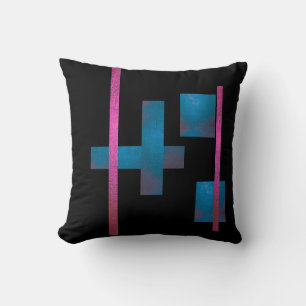 Modern Black Throw Pillow Blue Cross Pink Line Art