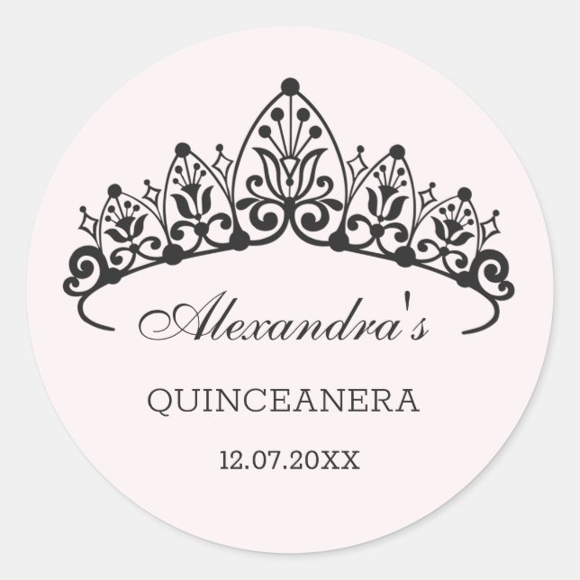 Modern black tiara Quinceanera Classic Round Sticker (Front)