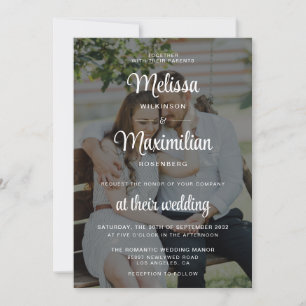 Modern black transparent chic 2 photo QR Code RSVP Invitation