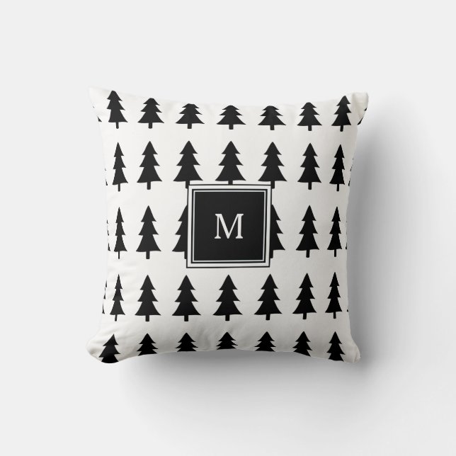 Modern black trees family monogram Christmas Throw Pillow (Front)