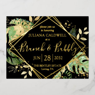 Modern Black Tropical Bridal Brunch & Bubbly Gold  Foil Invitation Postcard