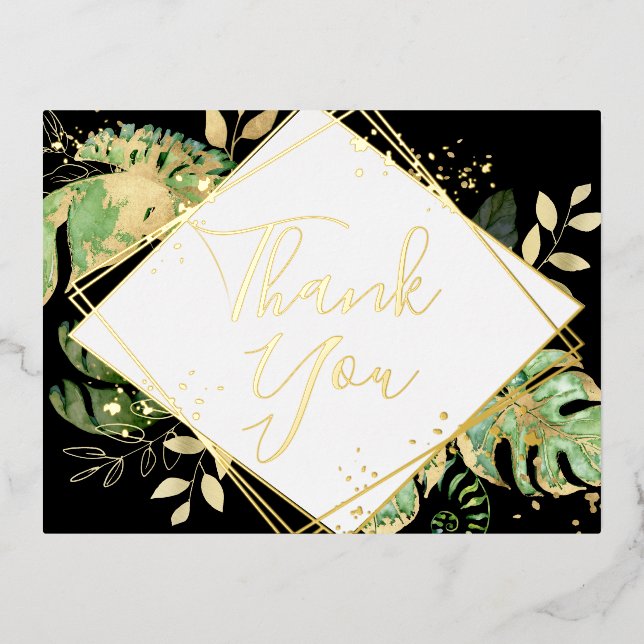Modern Black Tropical Foliage Wedding Thank You Foil Invitation Postcard (Front)