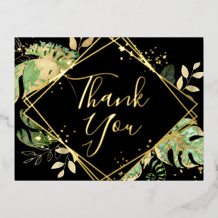 Modern Black Tropical Foliage Wedding Thank You Foil Invitation Postcard