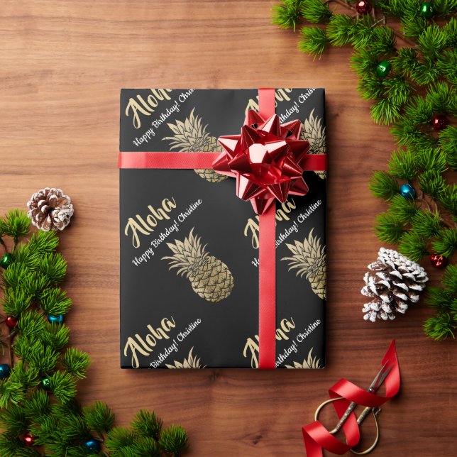 Modern Black Tropical Gold Pineapple Birthday Wrapping Paper (Holiday Gift)