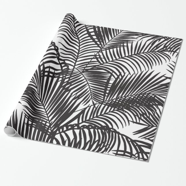 Modern black tropical palm trees pattern wrapping paper (Unrolled)