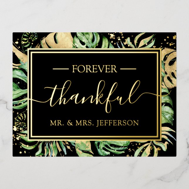 Modern Black Tropical Wedding Mr. & Mrs. Thank You Foil Invitation Postcard (Front)