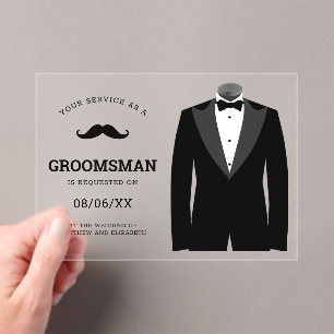 Modern Black Tuxedo Groomsman Request Acrylic Invitations