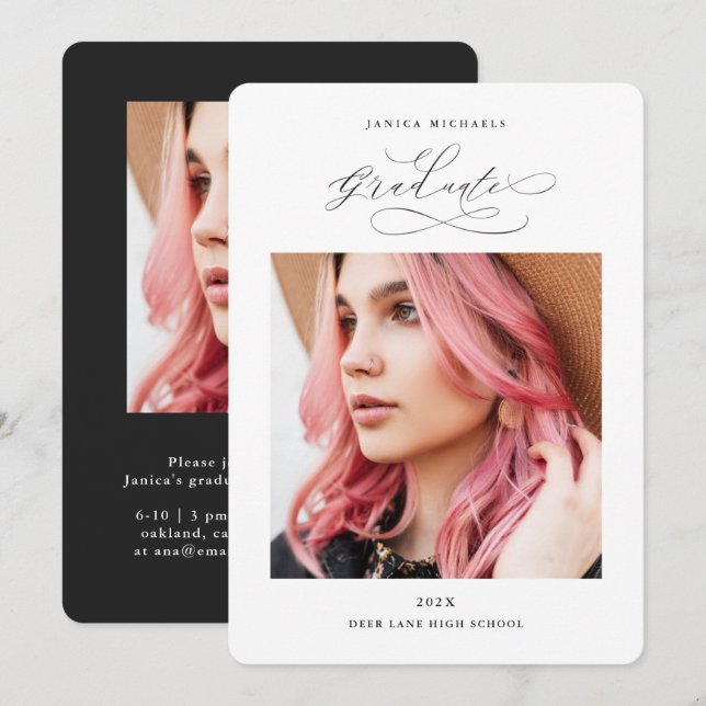 Modern Black Two Photo Graduation Party Invitation (Front/Back)