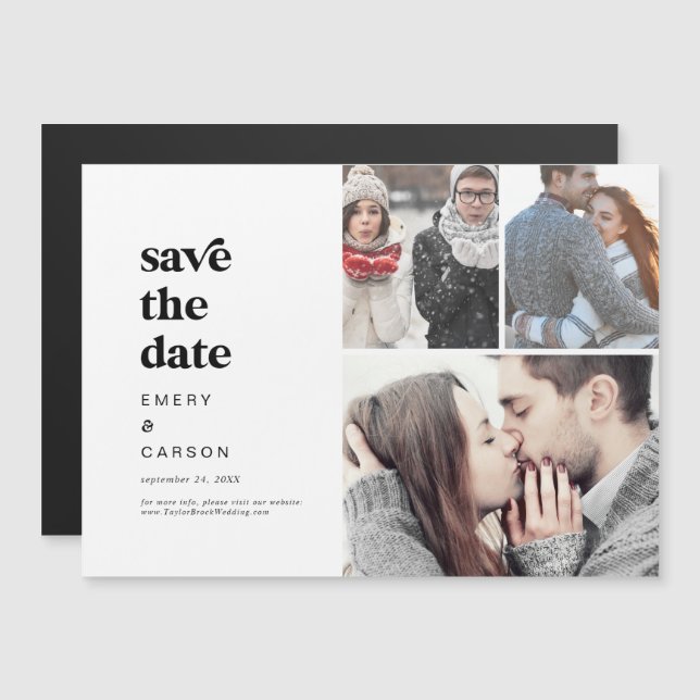 Modern Black Typography 3 Photo Save the Date Magnetic Invitation (Front/Back)