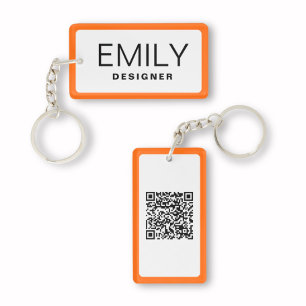 Modern Black Typography Orange Border QR Code Keychain