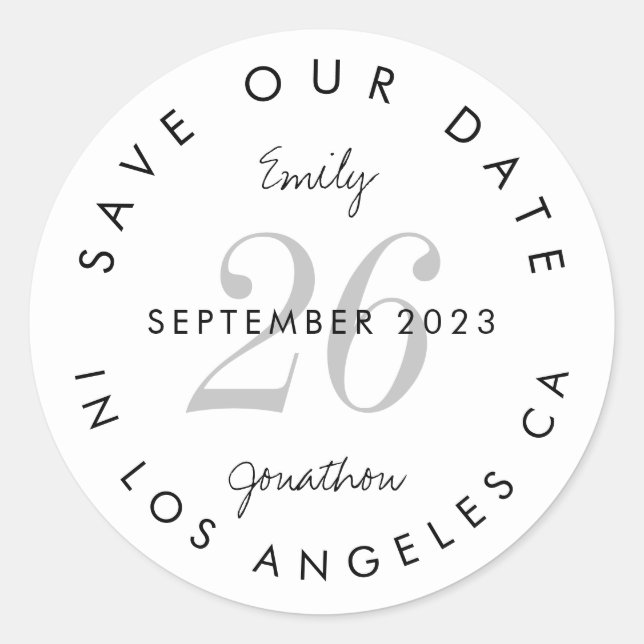 Modern Black Typography Save The Date Classic Round Sticker (Front)