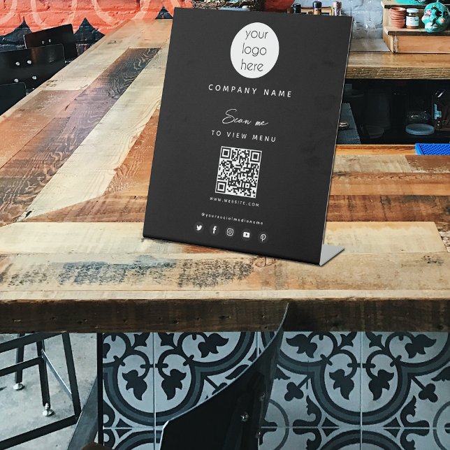 Modern Black View Menu QR Code Social Media Pedestal Sign (Creator Uploaded)