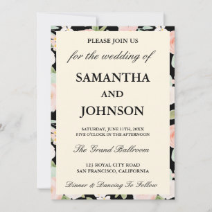 Modern Black Vintage Ivory Floral Monogram Wedding Invitation
