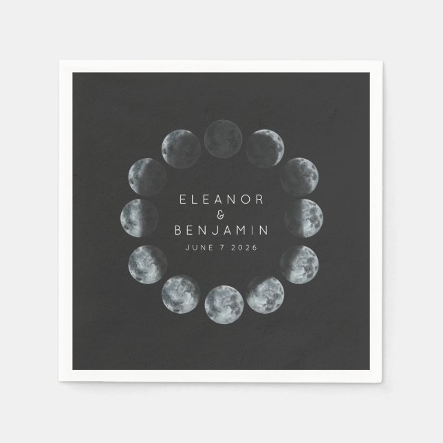 Modern Black Watercolor Moon Phases Wedding Custom Napkin (Front)