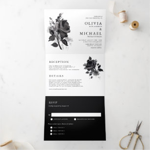 Modern Black Watercolor Rose Minimalist Wedding Tri-Fold Invitation