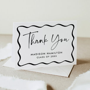 Modern Black Wavy Frame Photo Graduation Thank You Card