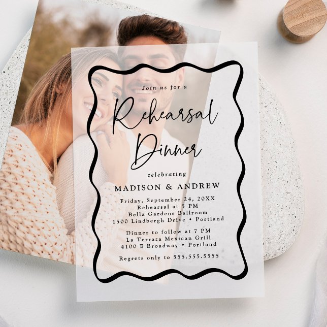 Modern Black Wavy Frame Rehearsal Dinner Vellum Invitations (Creator Uploaded)