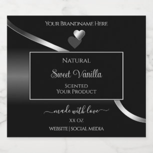 Modern Black Wavy Silver Cute Hearts Product Label