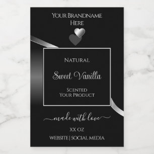 Modern Black Wavy Silver Cute Hearts Product Label