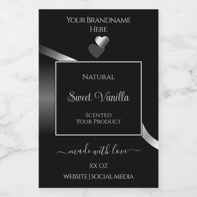 Modern Black Wavy Silver Cute Hearts Product Label (Single Label)
