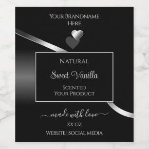 Modern Black Wavy Silver Cute Hearts Product Label