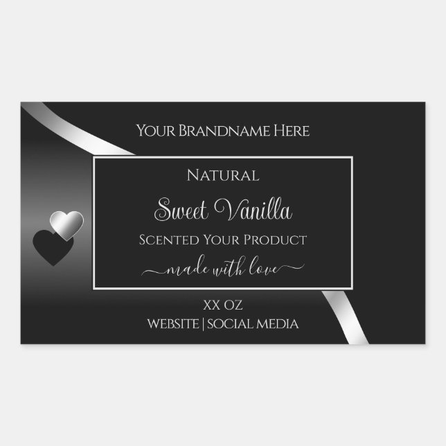 Modern Black Wavy Silver Cute Hearts Product Label (Front)