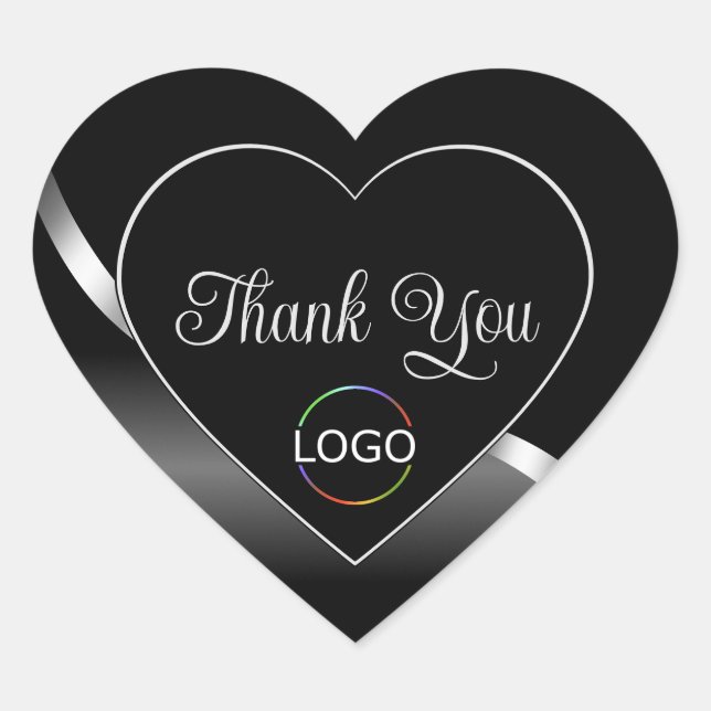 Modern Black Wavy Silver with Logo Cute Thank You Heart Sticker (Front)