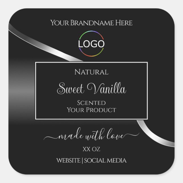 Modern Black Wavy Silver with Logo Product Labels (Front)
