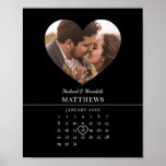 Modern Black Wedding Anniversary Calendar Poster<br><div class="desc">Modern black and white wedding anniversary calendar poster. The design features a simple, modern black and white calendar which can be easily personalized with the names of the couple, monogram and the wedding date. And don't forget to move the heart to surround the wedding day: Click "Edit using the design...</div>