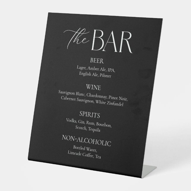 Modern Black Wedding Bar Menu Pedestal Sign (Front)