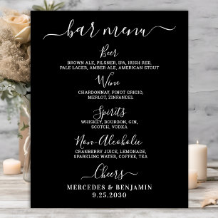 Modern Black Wedding Bar Personalized Drink Menu Poster