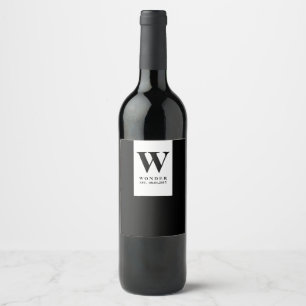 Modern Black Wedding Monogram Minimalist Wine Label