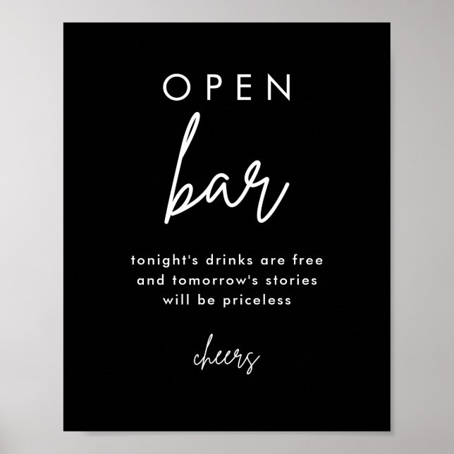 Modern Black Wedding Open Bar Table Sign Poster (Front)