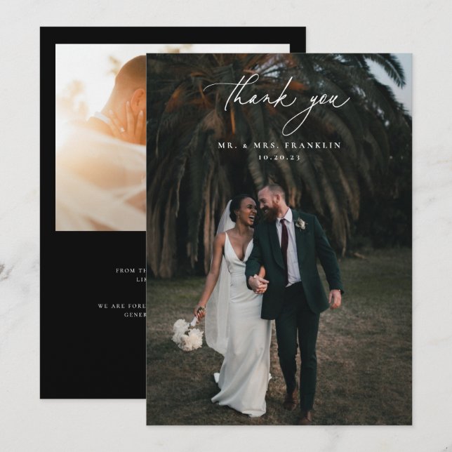 Modern Black Wedding Photo Thank You Card (Front/Back)