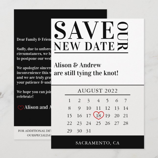 Modern Black Wedding Postponement Calendar Update Save The Date (Front/Back)
