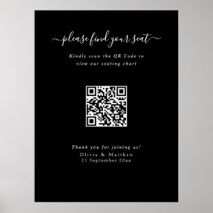 Modern Black Wedding QR Code Seating Chart Poster