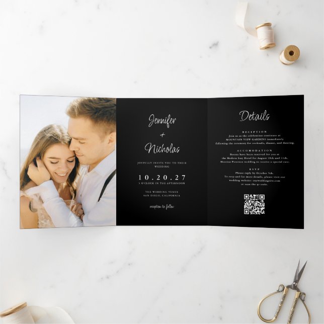 Modern Black Wedding RSVP Details QR Code Photo Tri-Fold Invitation (Inside)
