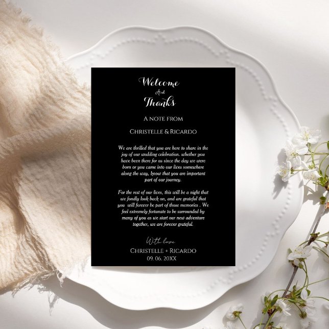 Modern black Welcome & thank you Wedding note  (Creator Uploaded)