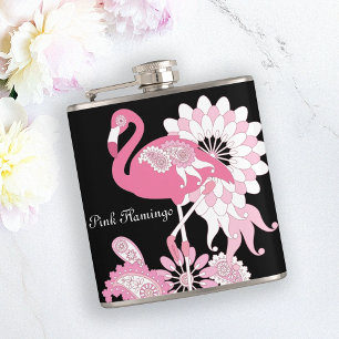 Modern Black Whimsical Tropical Bird Pink Flamingo Hip Flask